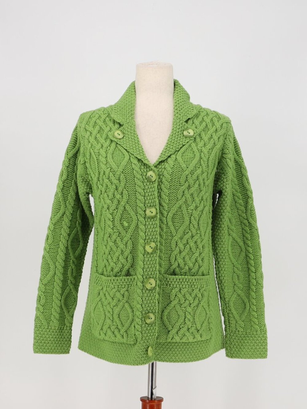 ARAN CRAFTS Merino Wool Ireland Cable Knit Shamrock Green Cardigan Sweater XXS
